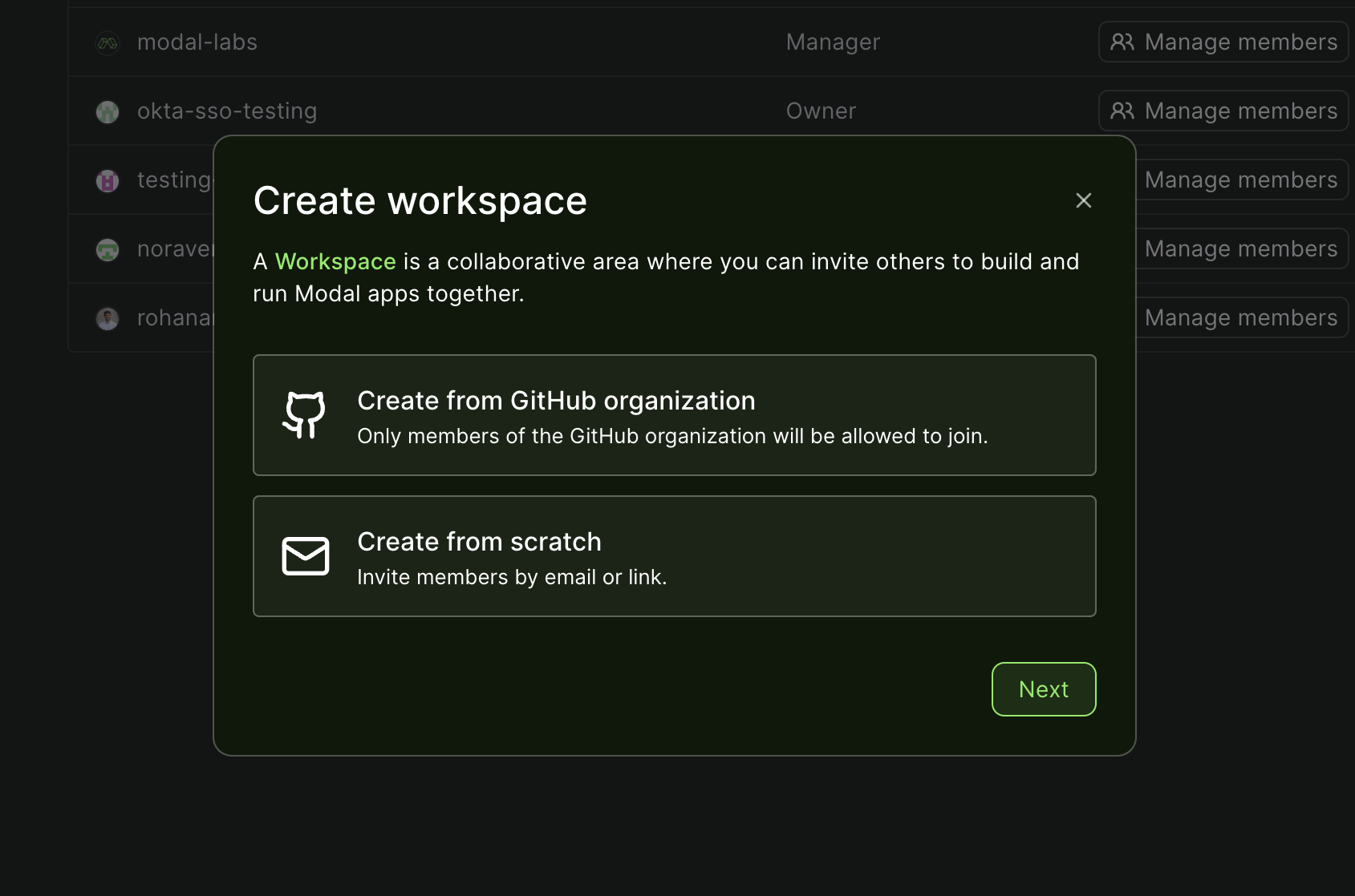 view of workspaces creation interface