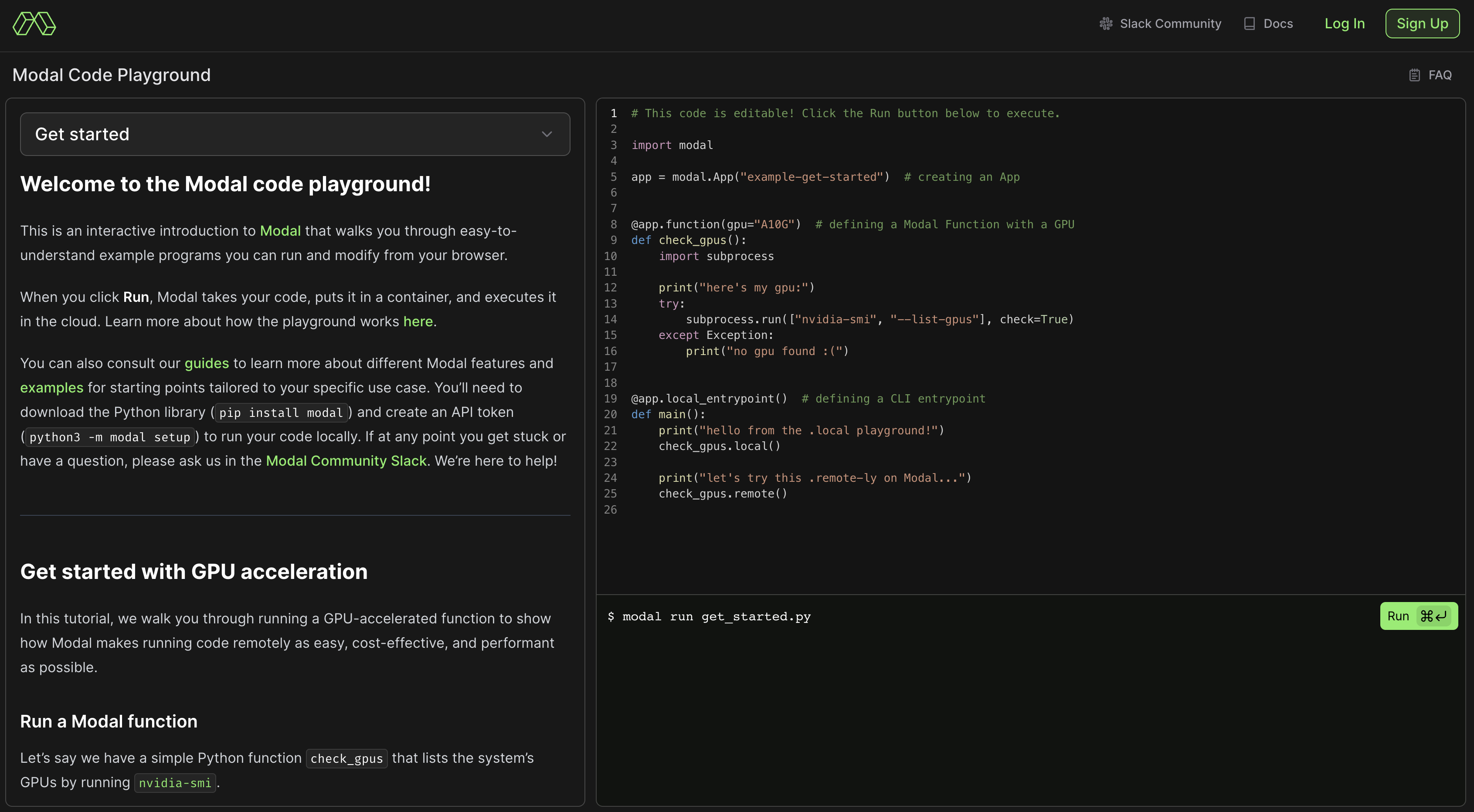 Snapshot of the Modal playground