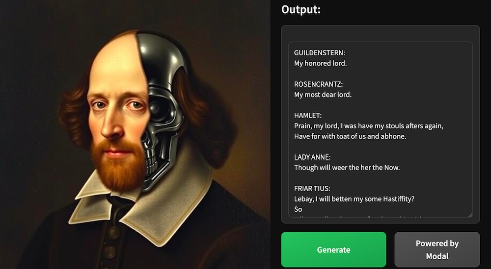 Split-Panel Image. Left: AI generated picture of Shakespeare. Right: SLM generated text