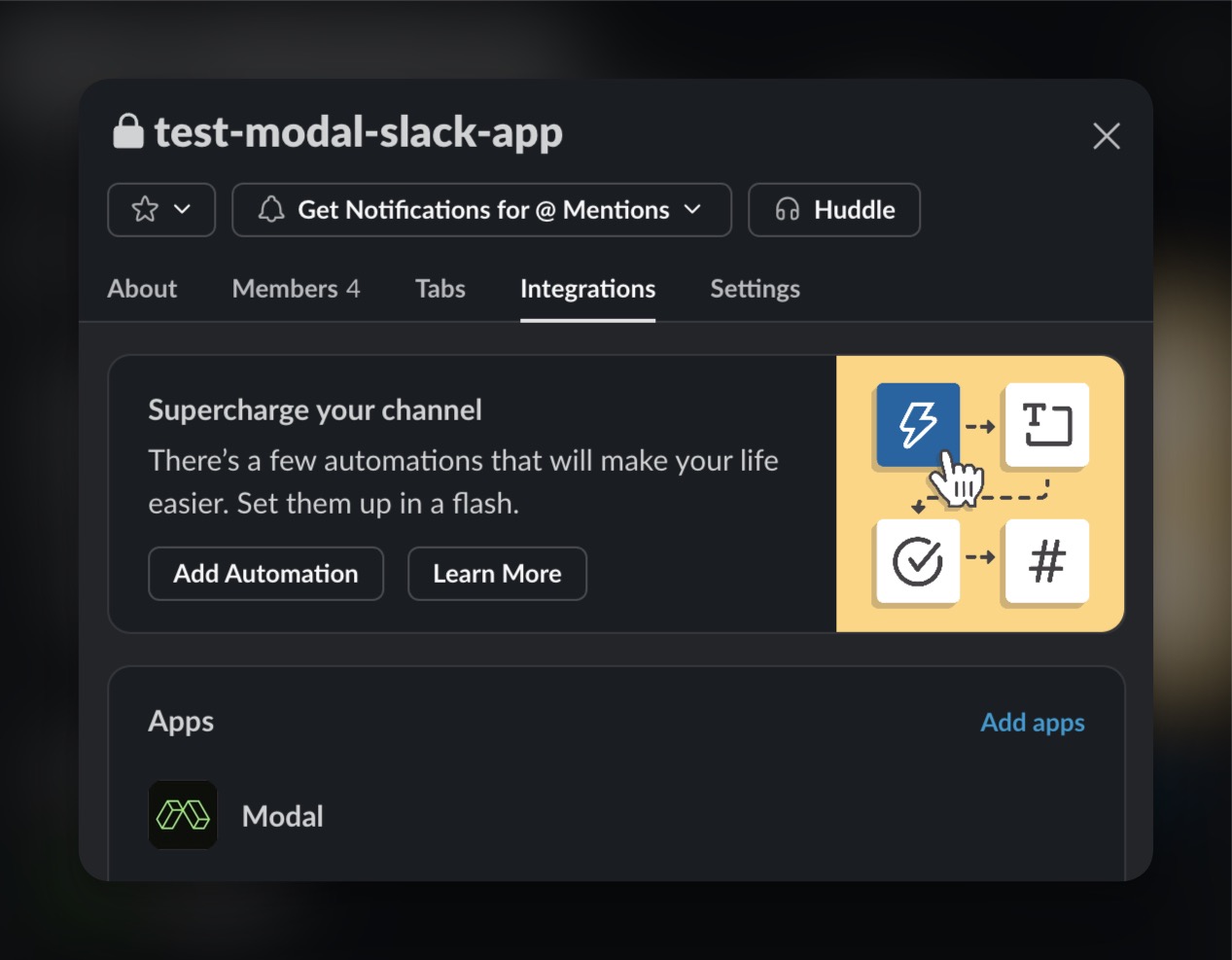 Add Modal app to Slack channel